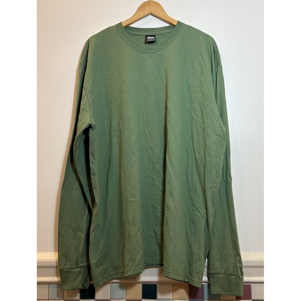 Stussy Mens XXL Sage Green Long Sleeve T-Shirt Blank Cottn Crew Neck Relaxed Fit